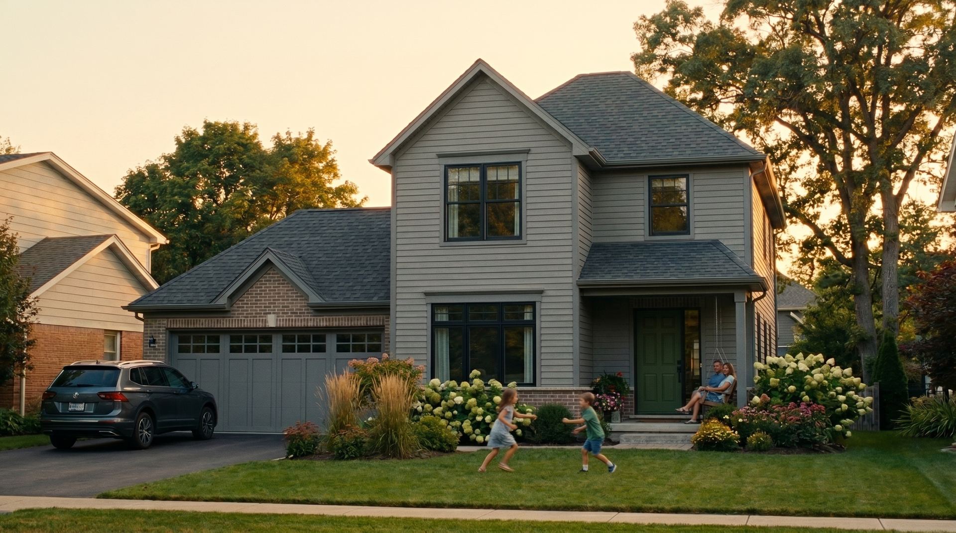 The Heron — grey siding two-storey with dark trim, hydrangeas, kids playing on front lawn at golden hour
